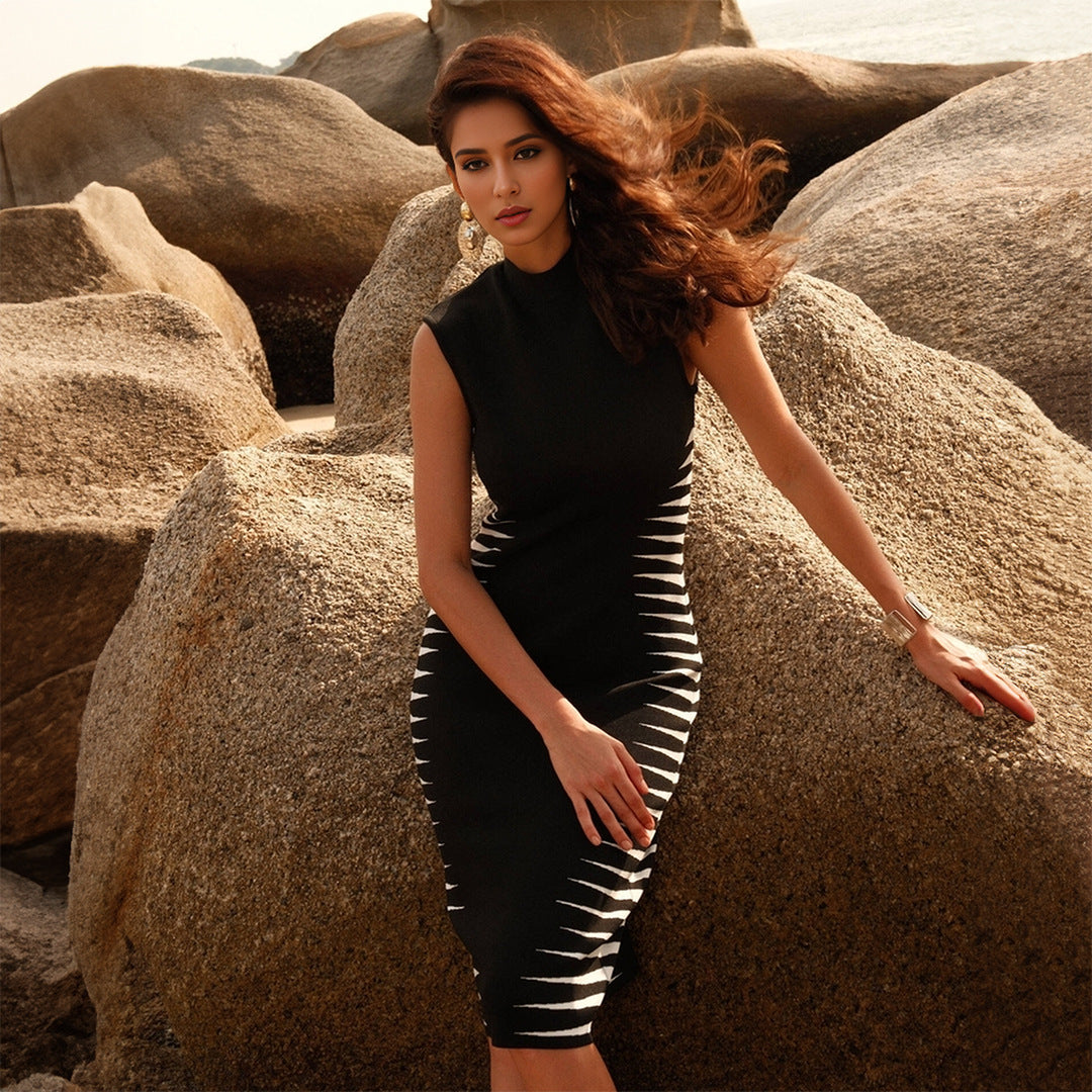 Stripe Panel Mock Neck Sleeveless Bandage Bodycon Midi Dress - View 2