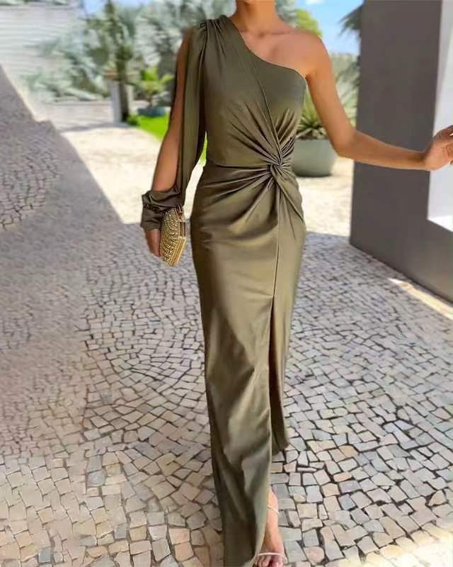 One Shoulder Long Puff Sleeve Twist Front Ruched High Split Midi Dress - View 4
