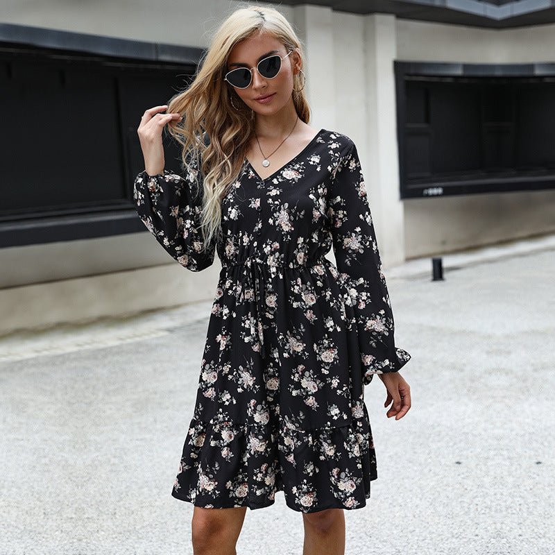 Floral Print V-Neck Long Sleeve Tiered Mini Dress