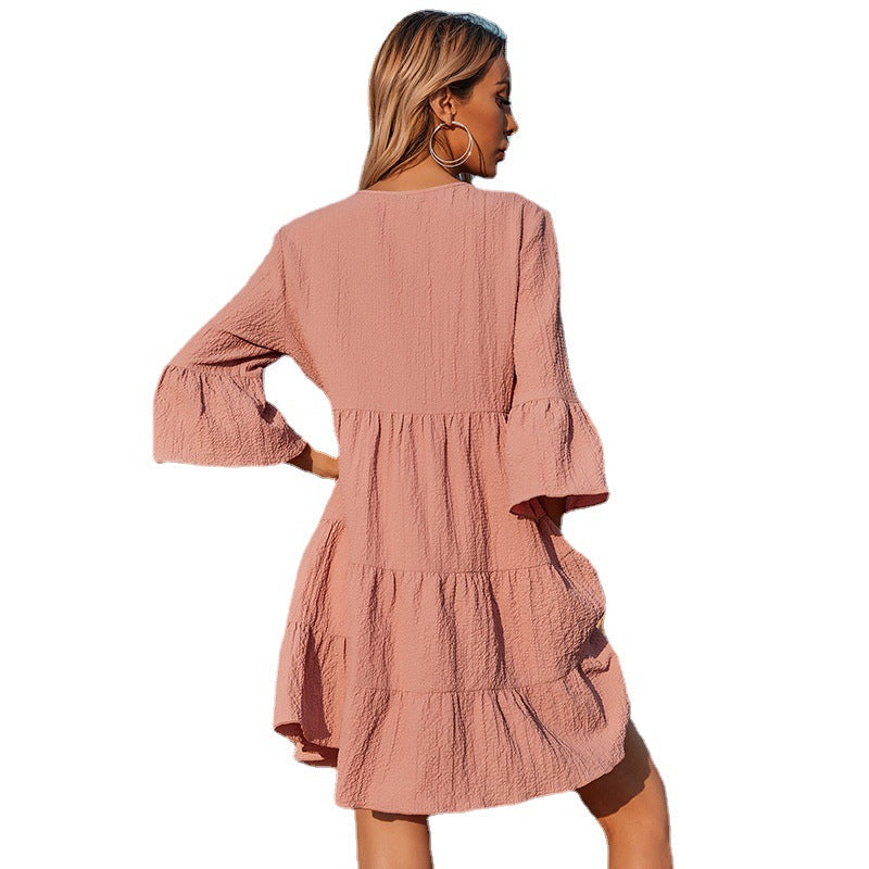 Textured V-Neck Flare Sleeve Tiered Swing Mini Dress