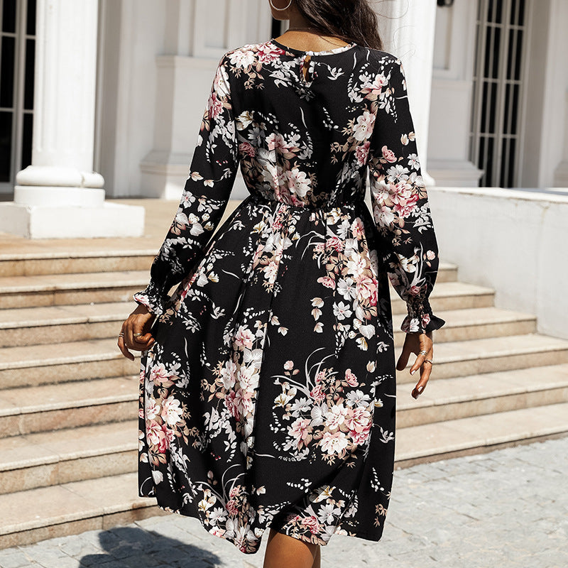 Floral Print Round Neck Long Sleeve Tiered Midi Dress