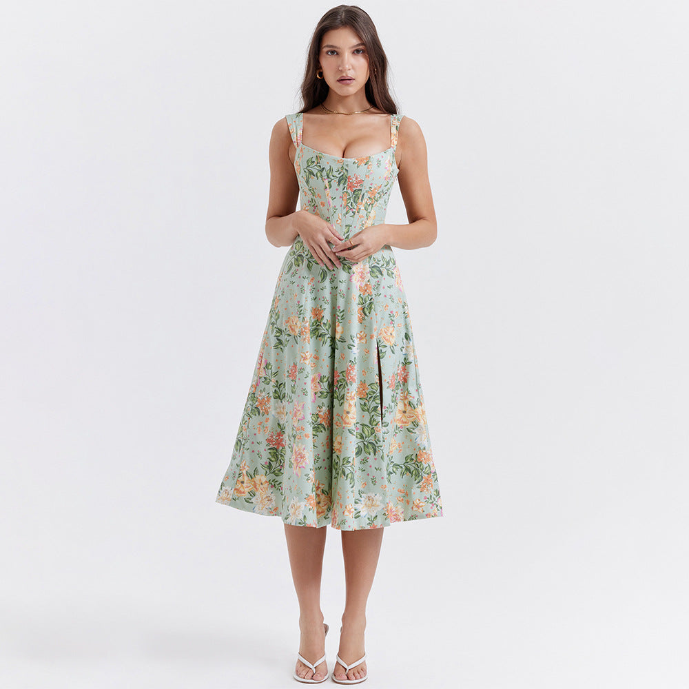 Floral Corset Wide Strap High Split Fit and Flare Midi Dress - View 7