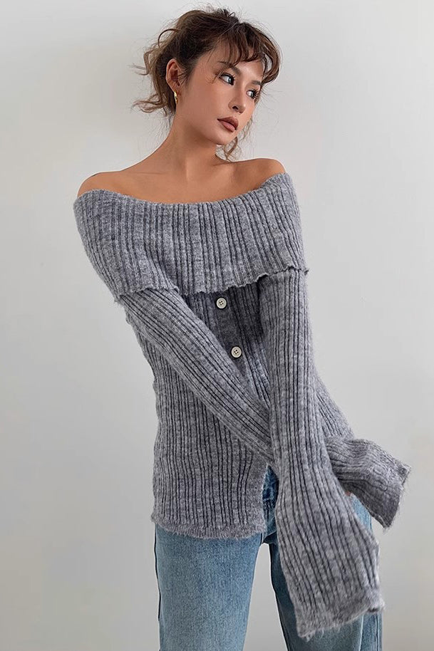 Off Shoulder Ruched Sweater with Buttoned Front Detail
