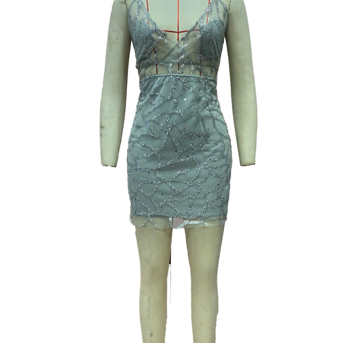 Sequin Plunge V-Neck Spaghetti Strap Bodycon Mini Dress
