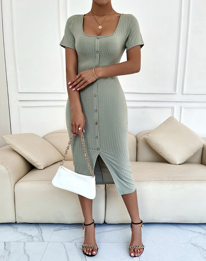 Ribbed Square Neck Button Front Bodycon Midi Dress