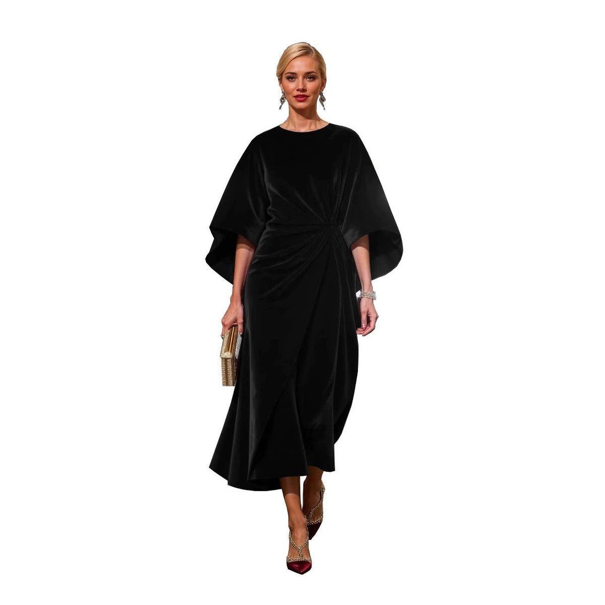 Velvet Round Neck Batwing Sleeve Side Twist Ruched Midi Cocktail Dress - View 5