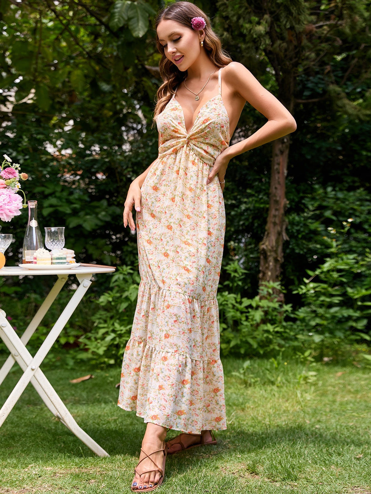 Floral Print Twist Front Deep V-Neck Tiered Maxi Dress