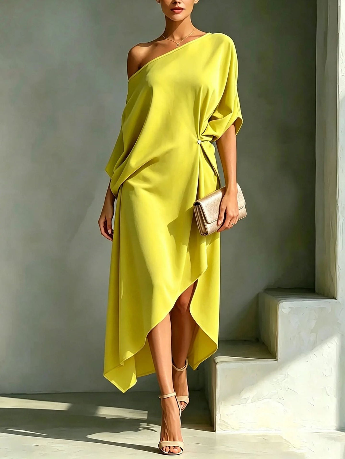 One Shoulder Batwing Sleeve Asymmetric Hem Satin Midi Dress