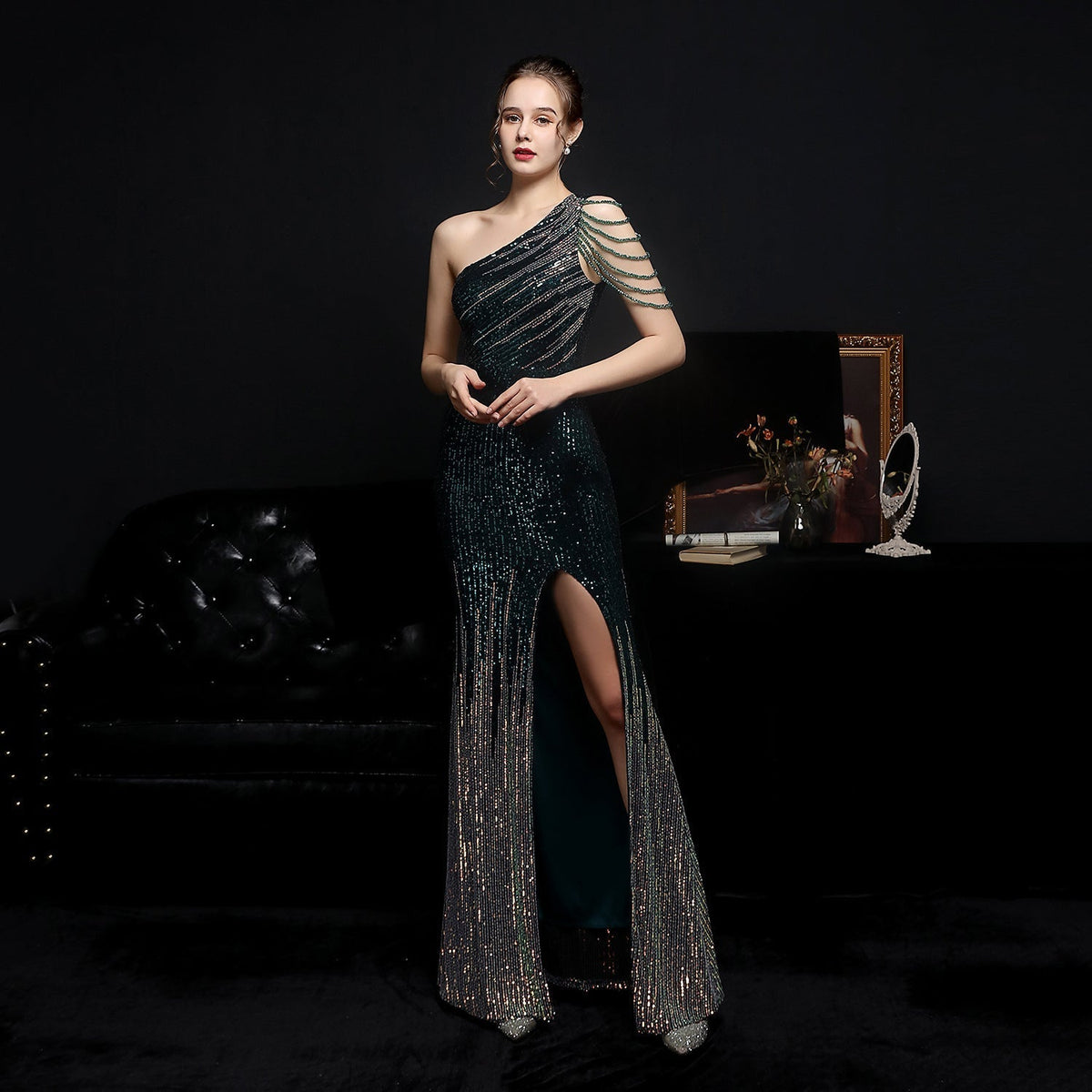 Sequin One Shoulder Beaded Fringe High Split Mermaid Gown - View 7