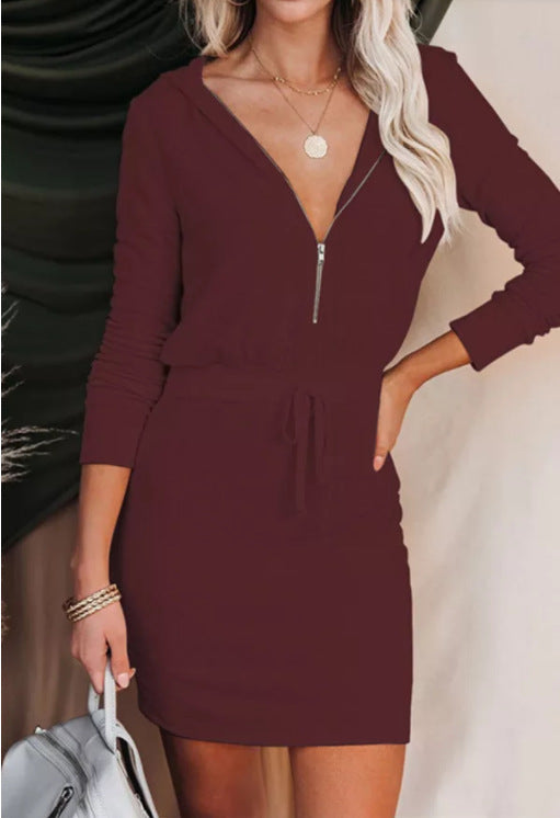 Ribbed Knit Hooded Zip Long Sleeve Bodycon Mini Dress