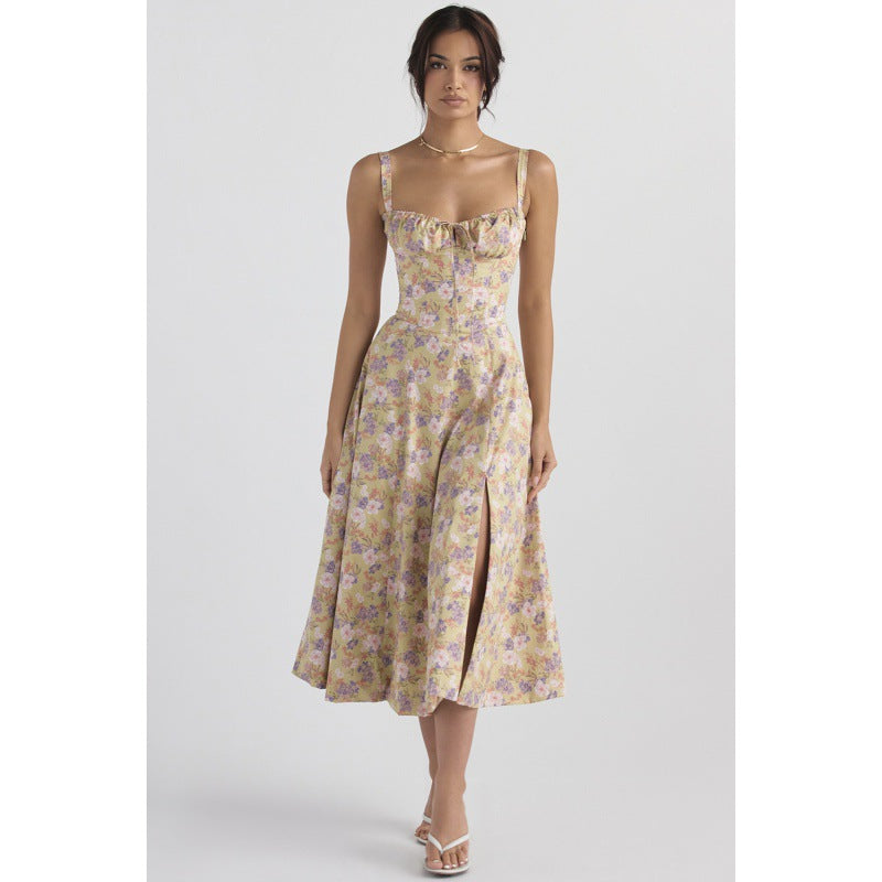 Floral Sweetheart Neck Corset High Split Midi Dress 2