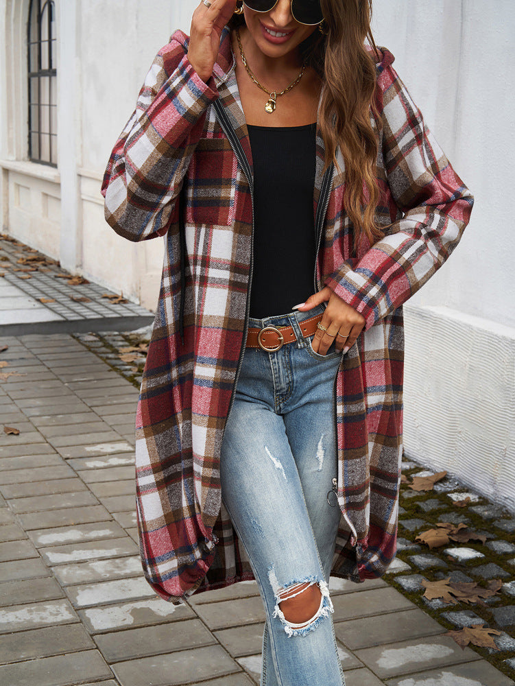 Stylish Plaid Zippered Hooded Long Jacket for Modern Looks