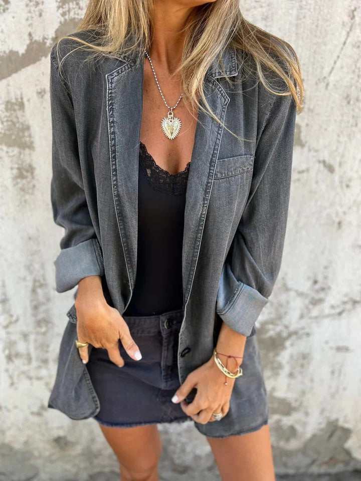 Loose Lapel Denim Mid-Length Jacket for Effortless Style