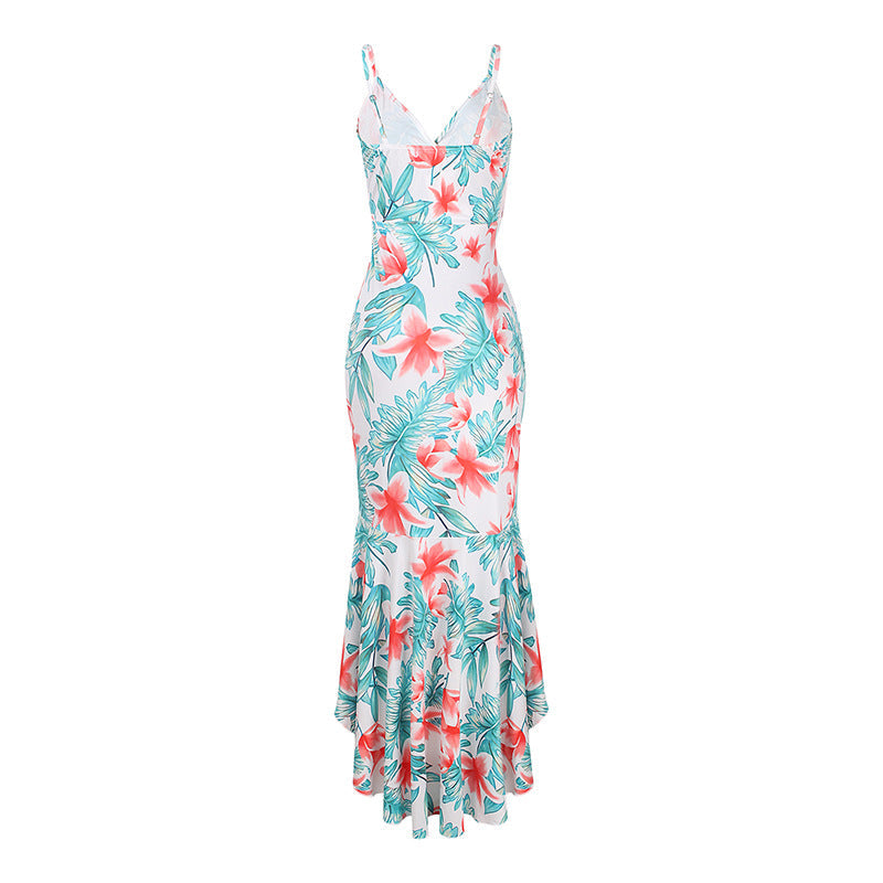 Tropical Print Wrap Ruffle High-Low Mermaid Dress