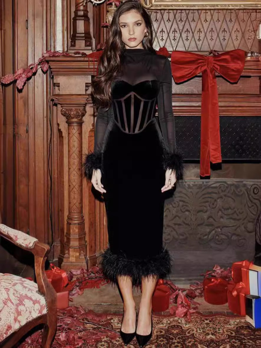 Mesh Mock Neck Long Sleeve Corset Velvet Feather Trim Midi Dress
