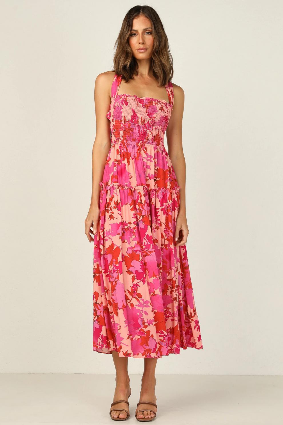 Floral Print Square Neck Smocked Tiered Midi Dress