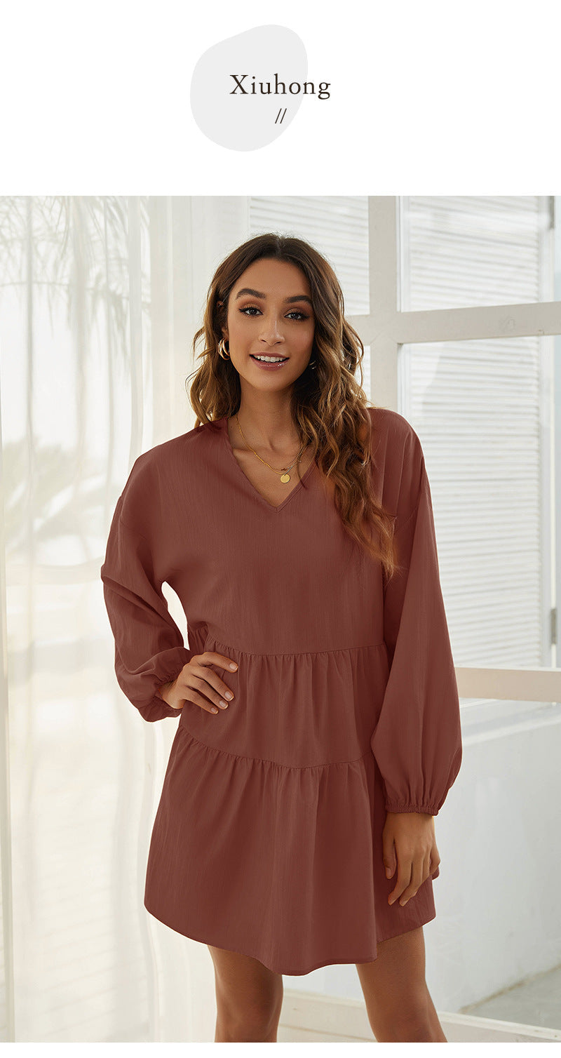 V-Neck Long Sleeve Tiered Babydoll Mini Dress 3