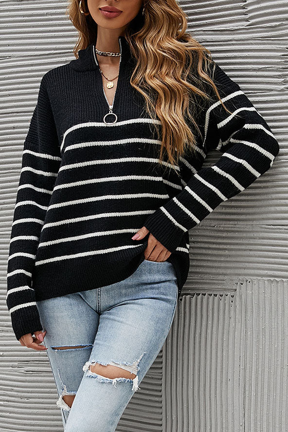 ShoptheCIC Striped Colorblock High Neck Zip Sweater