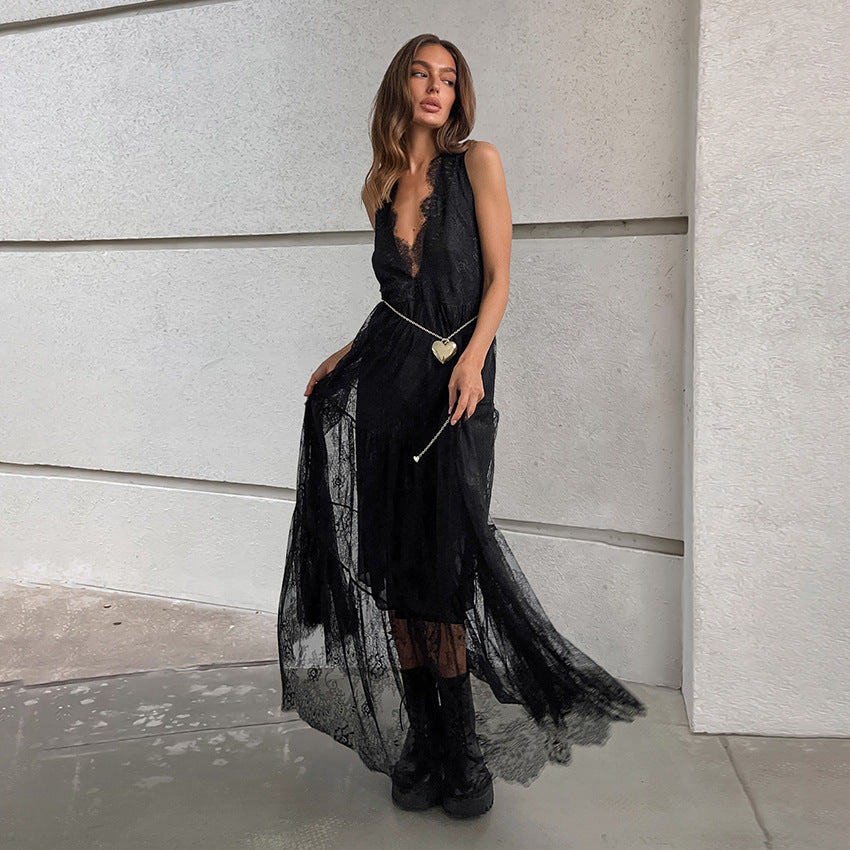 Black Brocade Lace All Matching V-neck Loose Backless Dress - View 6