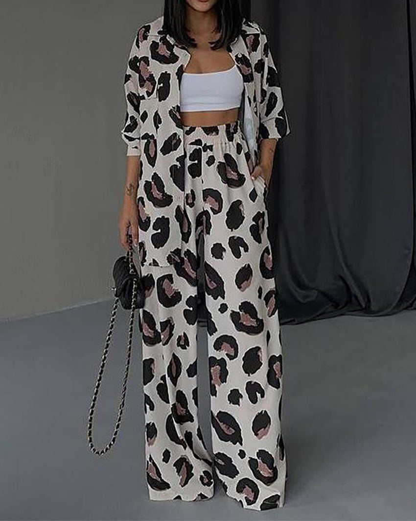 Leopard Print Long Sleeve Shirt Wide Leg Pants Two-Piece Set - Fashionpara