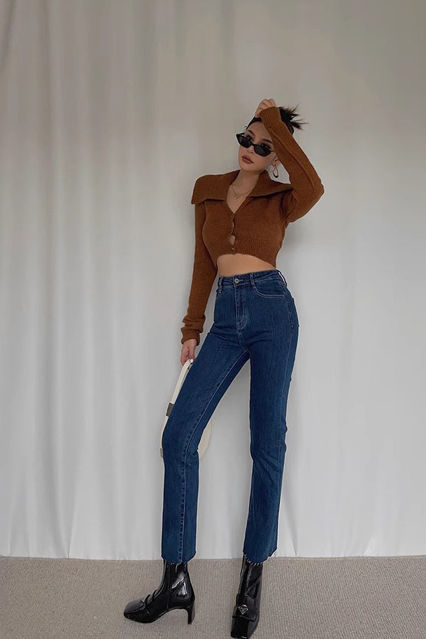 Orro Shop Buttoned Front Crop Sweater with Lapel Neck