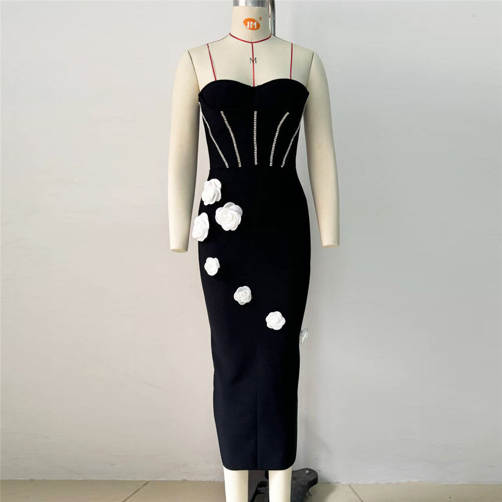 Rhinestone Bodice Strapless 3D Rose Applique Bandage Midi Dress - View 2
