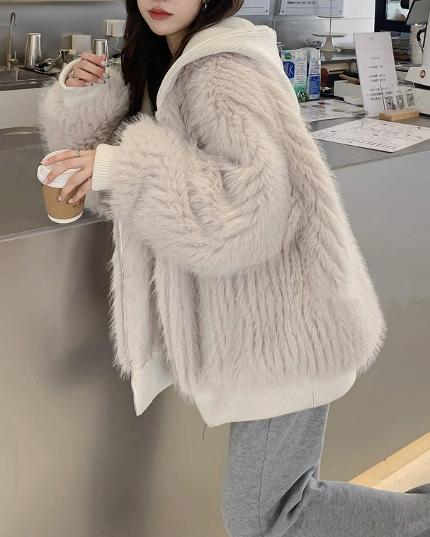 Luxurious Hooded Faux Fox Fur Jacket for Elegant Warmth