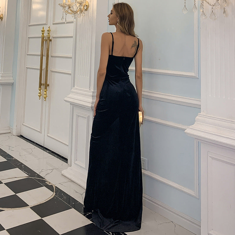 Velvet Spaghetti Strap Sweetheart Ruched High Split Mermaid Maxi Dress - View 3