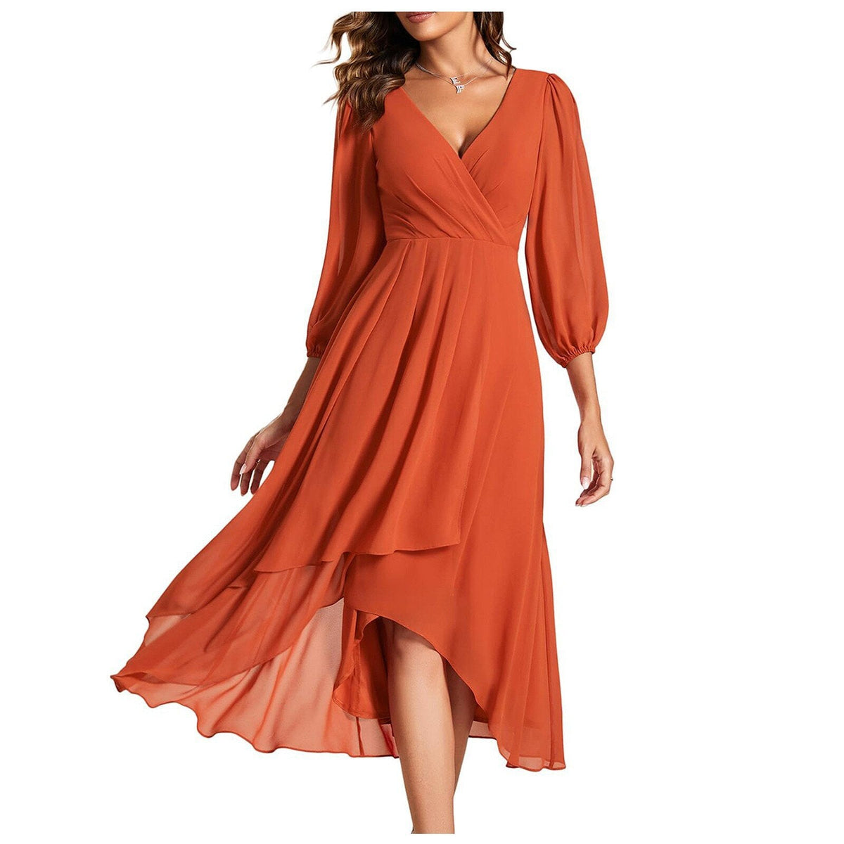 Chiffon V-Neck Long Sleeve Wrap High Low Midi Dress