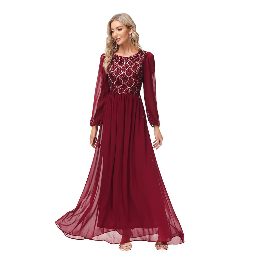 Sequin Round Neck Bishop Sleeve Chiffon A-Line Gown - View 2