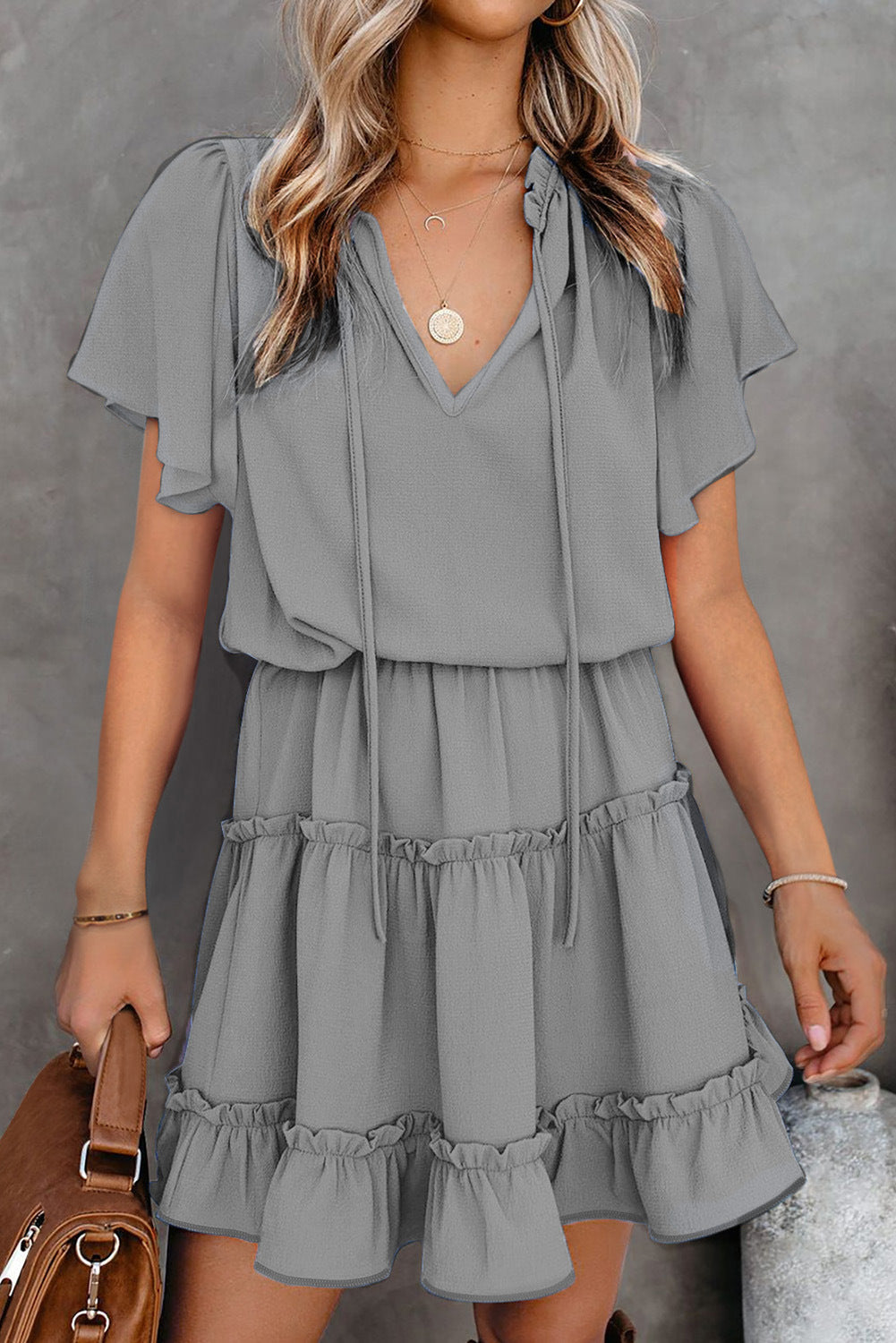 V-Neck Flutter Sleeve Tiered Mini Dress
