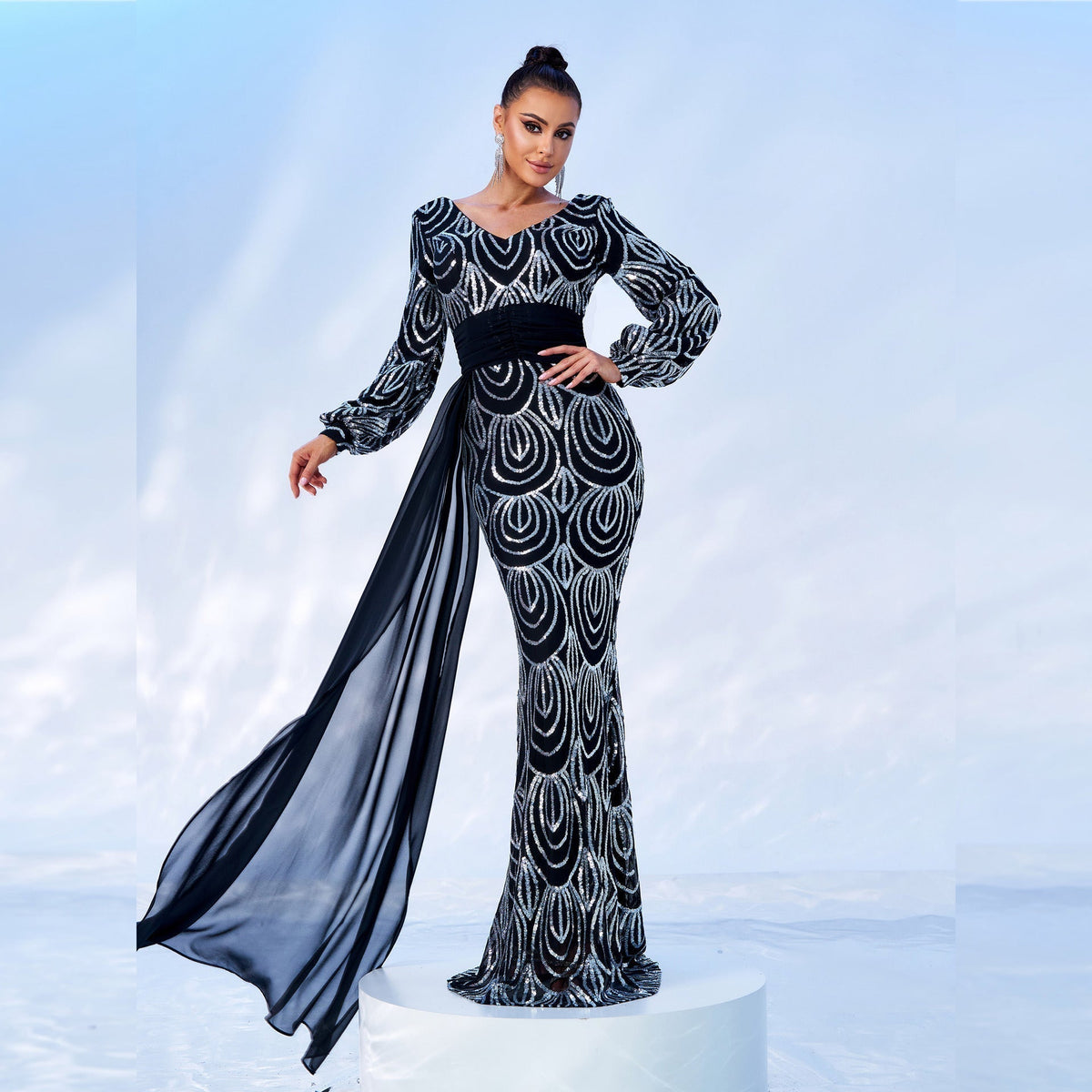 Sequin V-Neck Long Sleeve Mermaid Evening Gown - View 6
