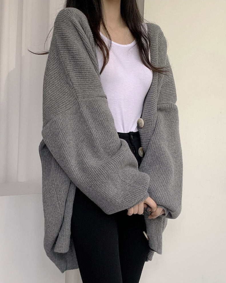 V-neck Loose Lantern Sleeve Knitted Cardigan Sweater
