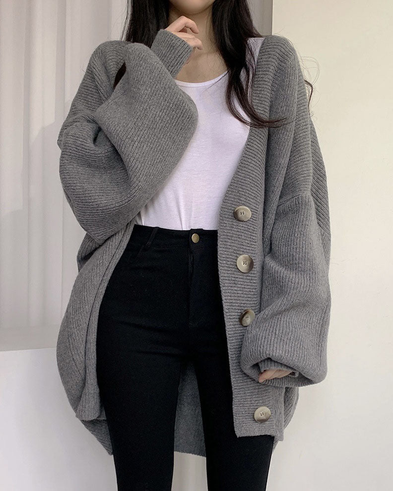 V-neck Loose Lantern Sleeve Knitted Cardigan Sweater