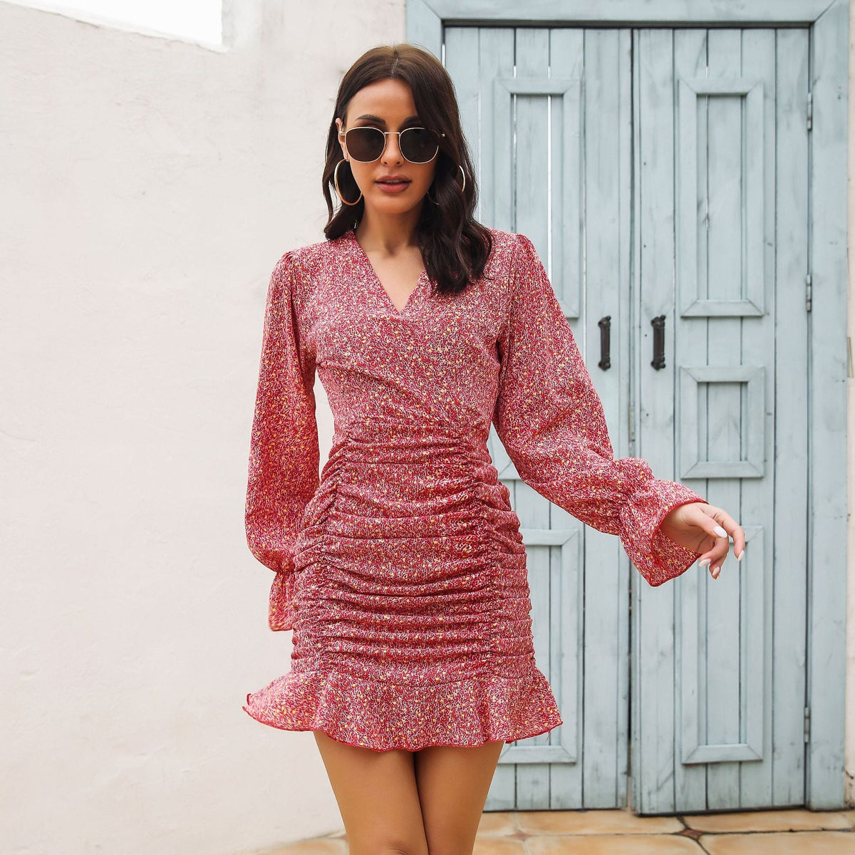 Floral Print V-Neck Long Sleeve Ruched Mini Dress