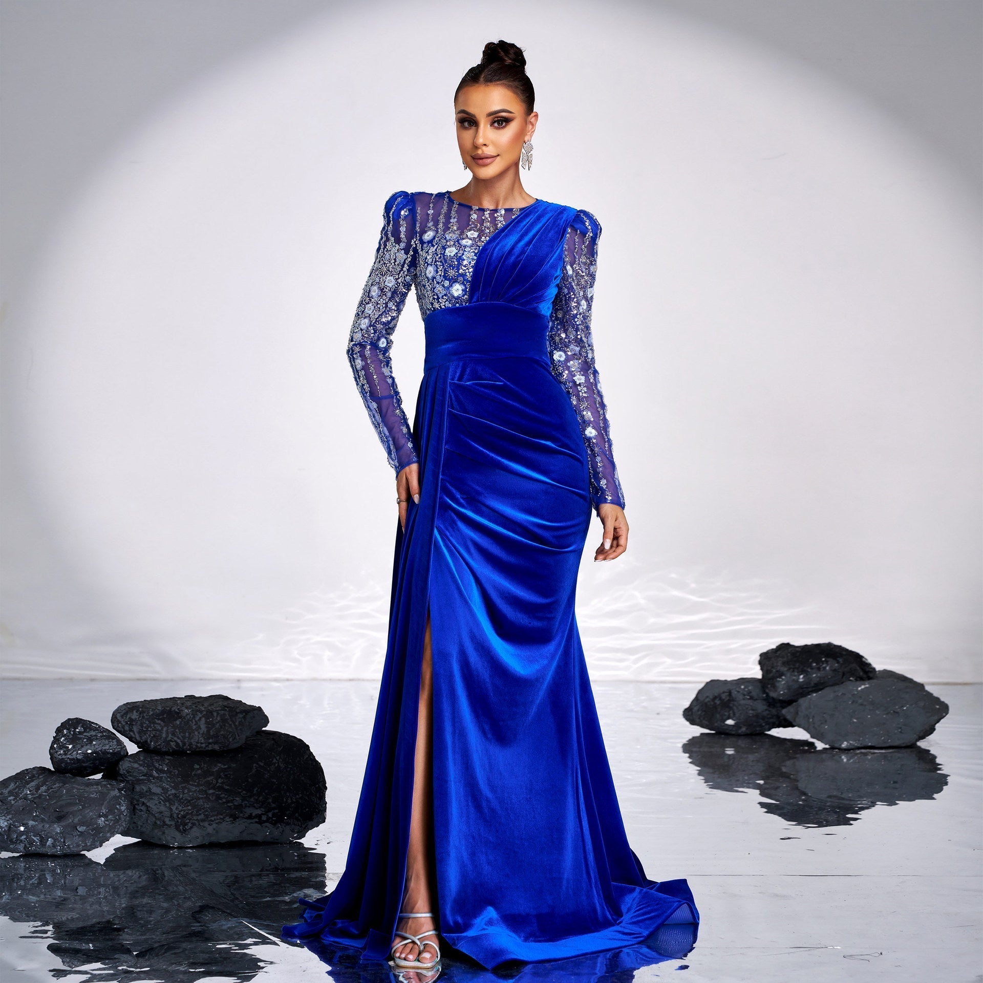 High End Long Sleeve Crew Neck Long Sequined Cocktail Heavy Work Evening Dress Bridesmaid Dress - Fashionpara