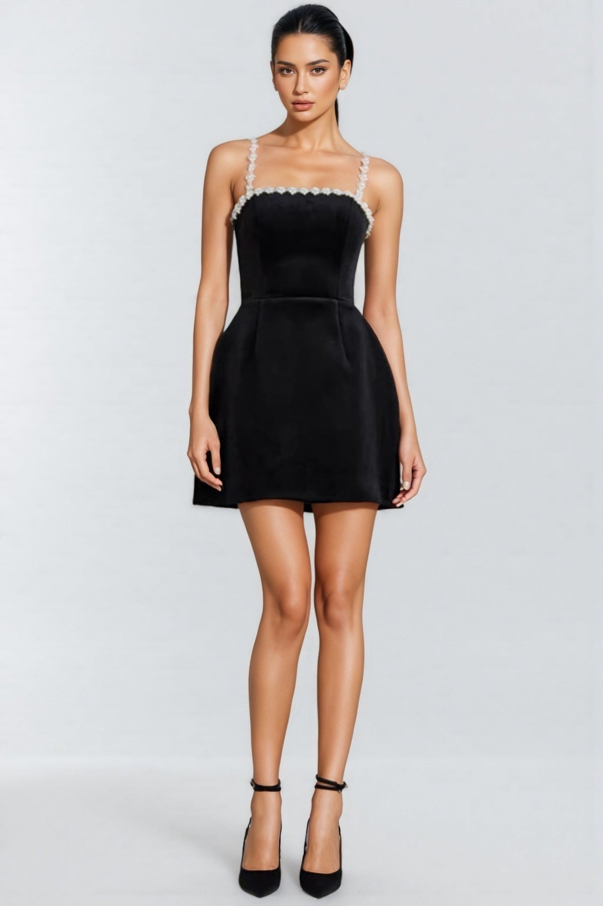 Velvet Square Neck Pearl Beaded Strap Fit and Flare Mini Dress