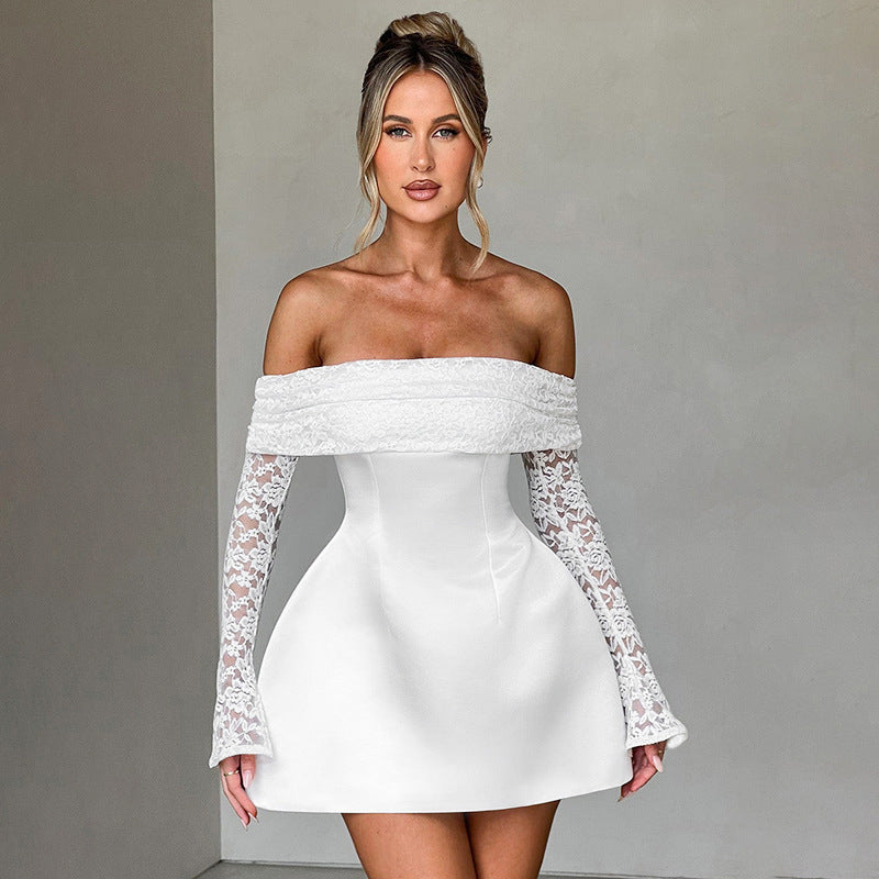 Off-Neck Lace Stitching Long Sleeve A-Line Dress