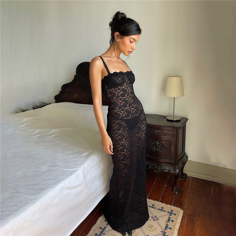 Lace Spaghetti Strap Sweetheart Scalloped Trim Bodycon Maxi Gown - View 2