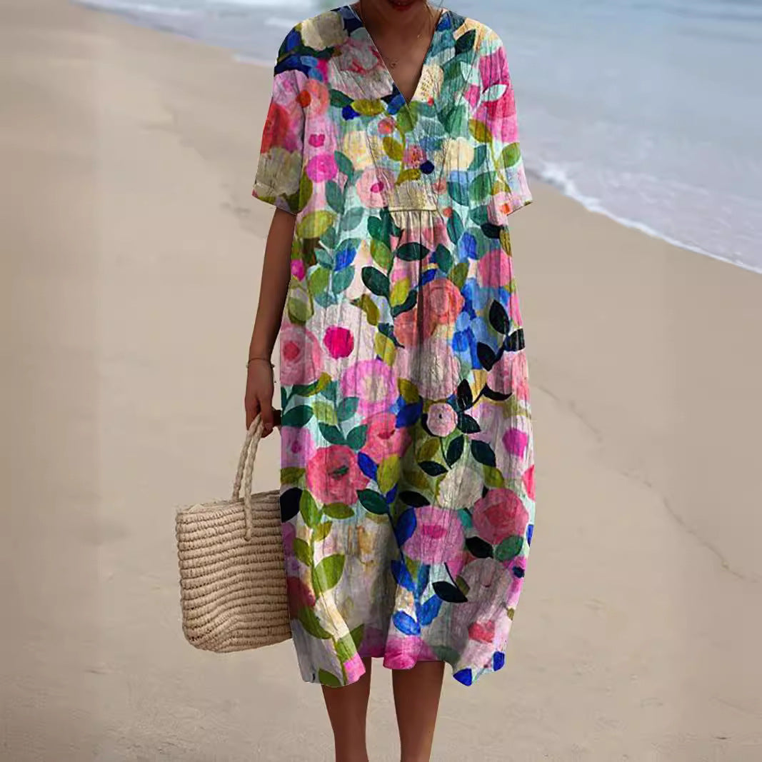 Floral Print V-Neck Short Sleeve Cotton Midi Dress