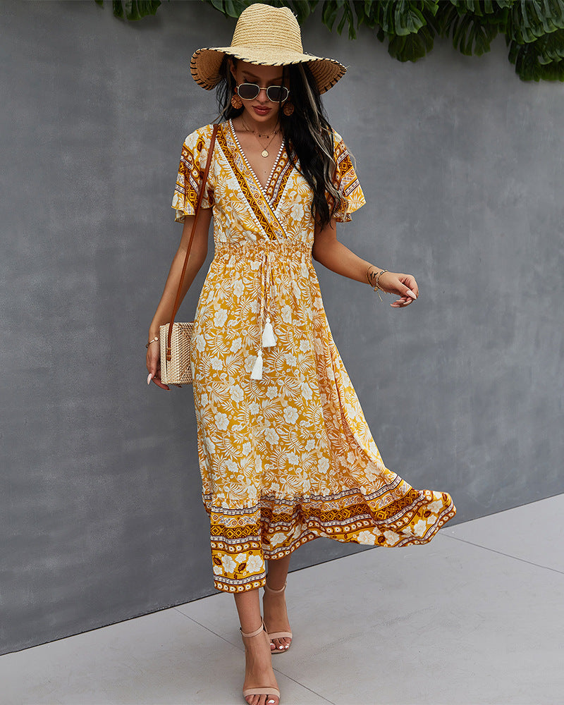 Nadine Floral Smocked Maxi Dress - Mustard