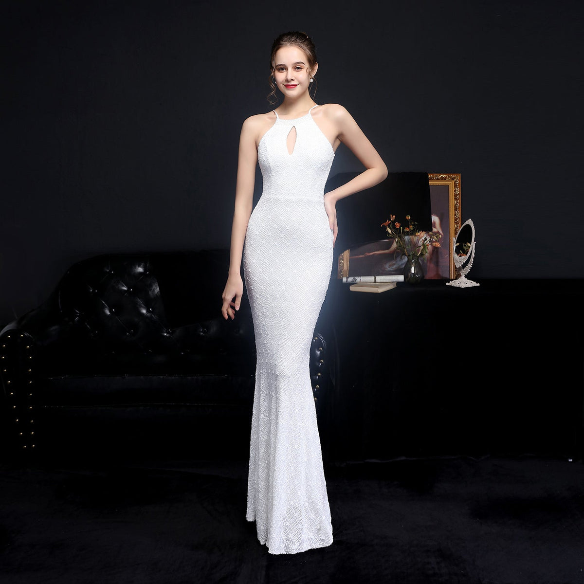 Halter Neck Keyhole Beaded Sequin Mermaid Gown - View 3