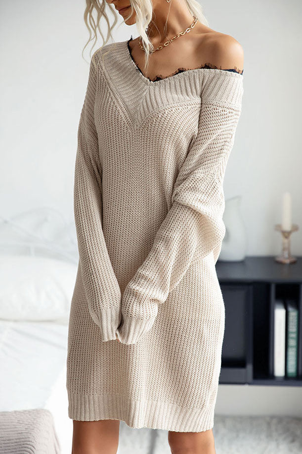 Lace Stitching V-neck Mid-Length Sweater Dress for Elegance