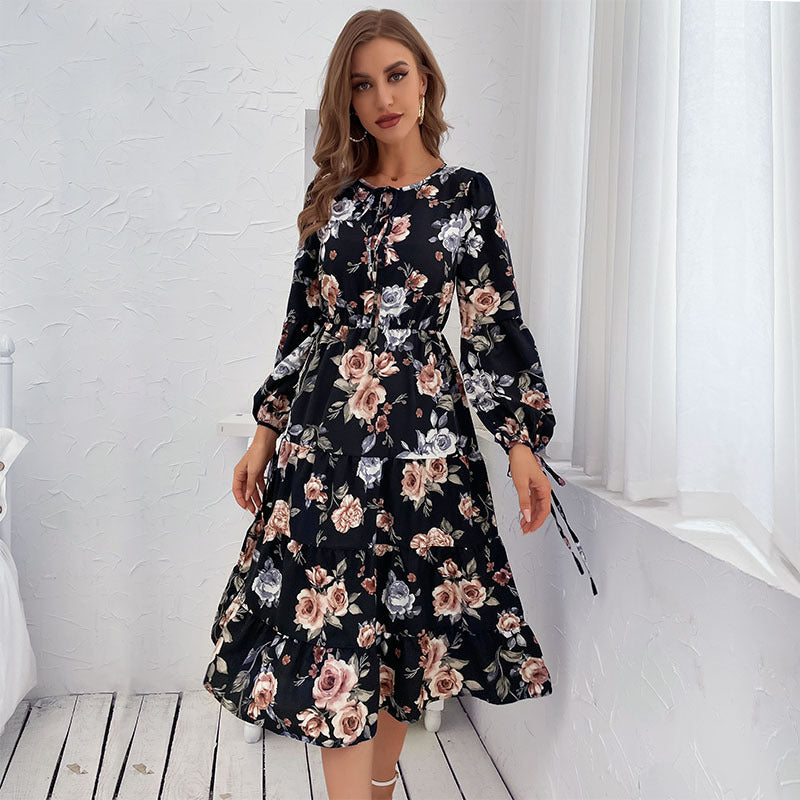 Floral Print Round Neck Long Sleeve Tiered Fit & Flare Midi Dress