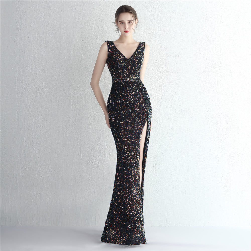 Sequin Deep V-Neck Ruched High Split Mermaid Gown - View 5
