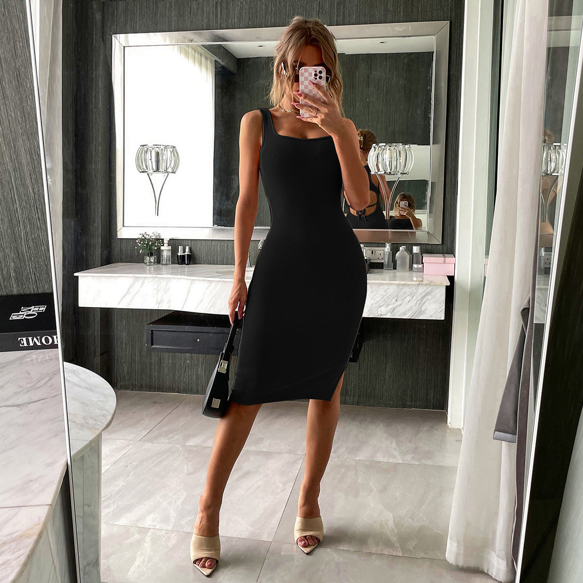 Square Neck Sleeveless Open Back Ribbed Bodycon Midi Dress