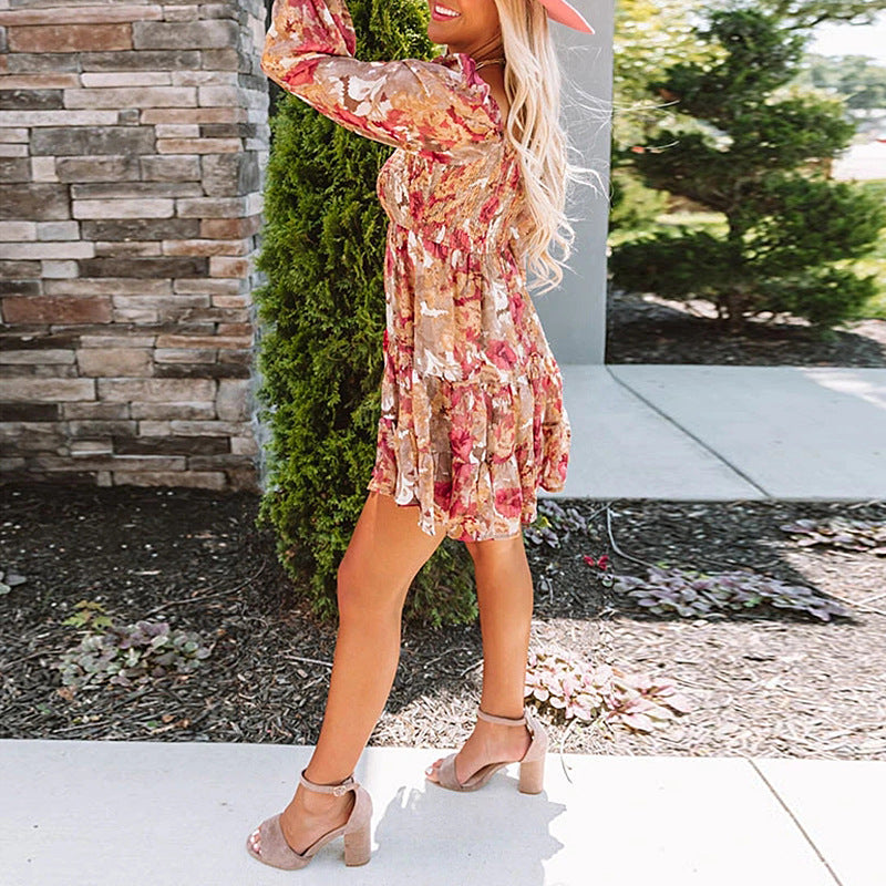 Floral Print Square Neck Bell Sleeve Tiered Mini Dress