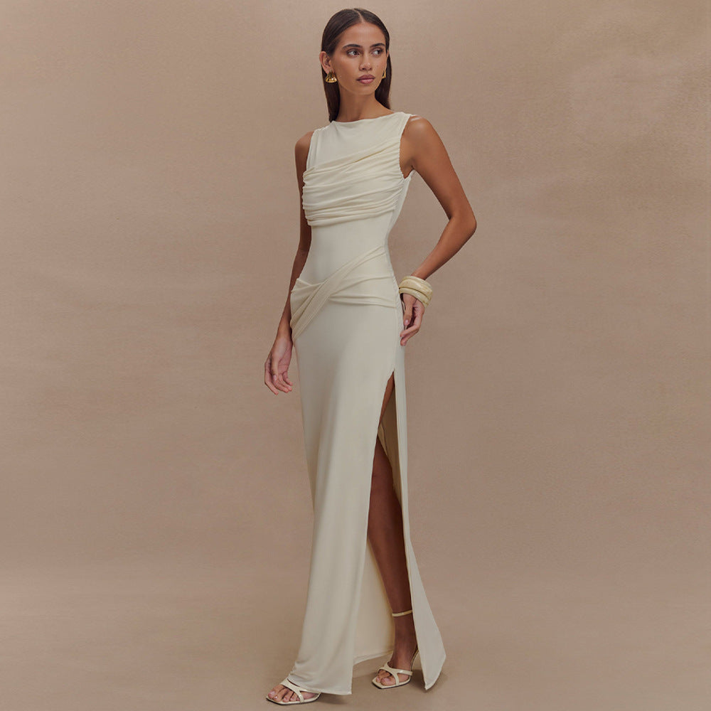 Ruched Boat Neck Draped Side-Slit Column Maxi Gown 3