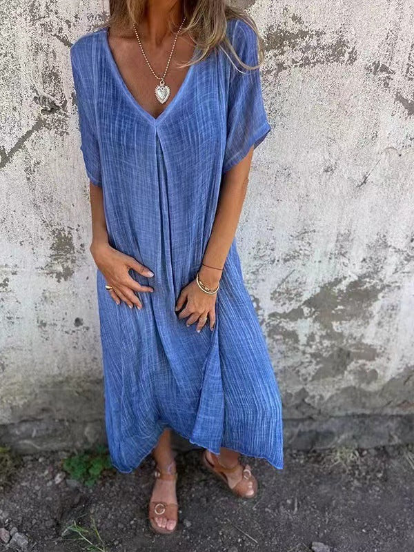 Gauze Deep V-Neck Short Sleeve Box Pleat Midi Dress