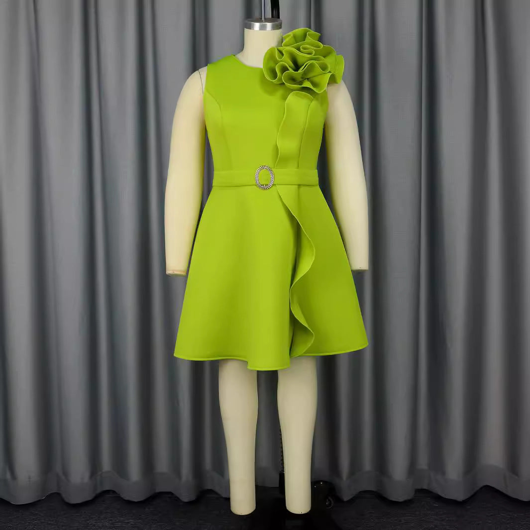 Sleeveless 3D Rosette Shoulder Cascade Ruffle Belted A-Line Midi Dress - View 2
